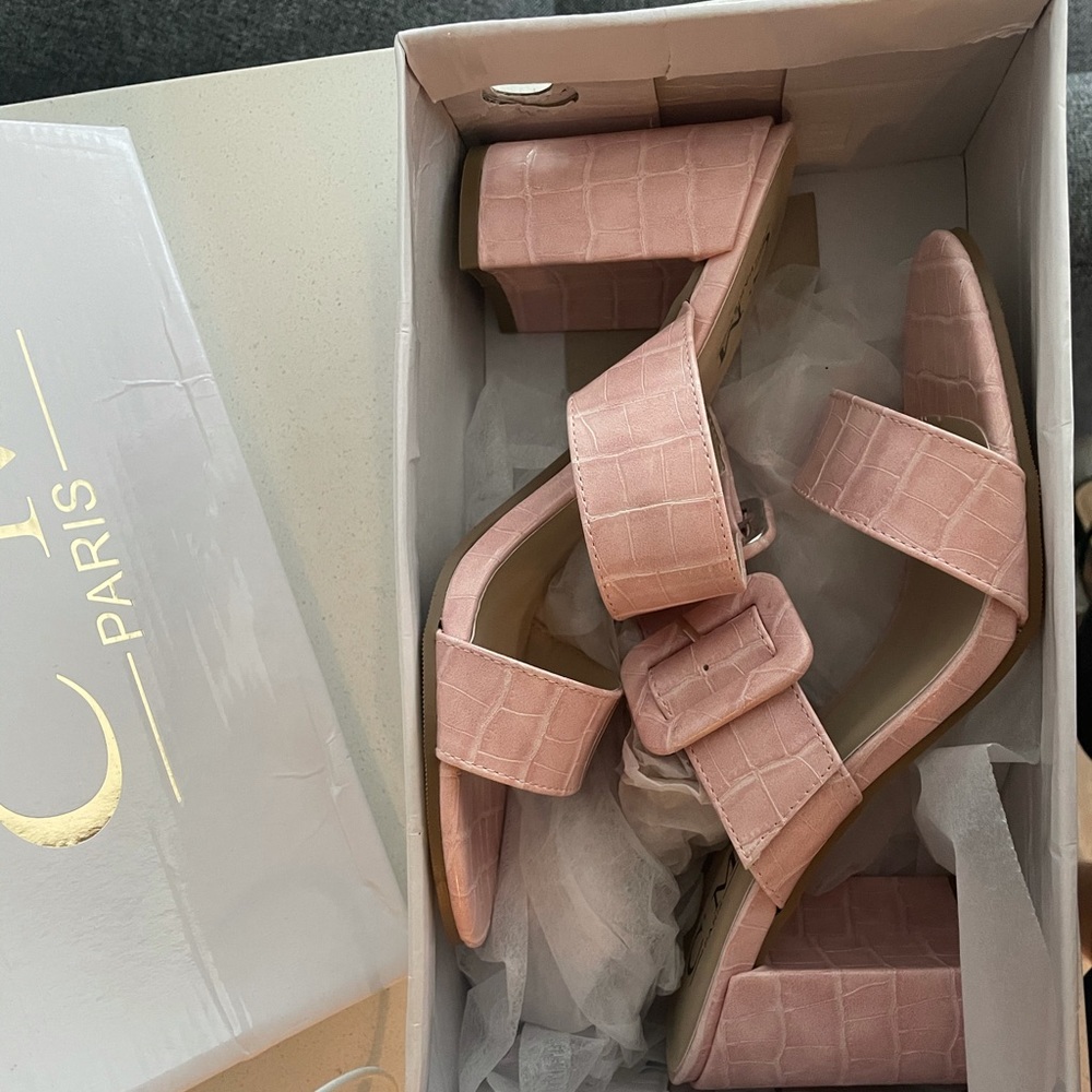 Pink block heel sandals